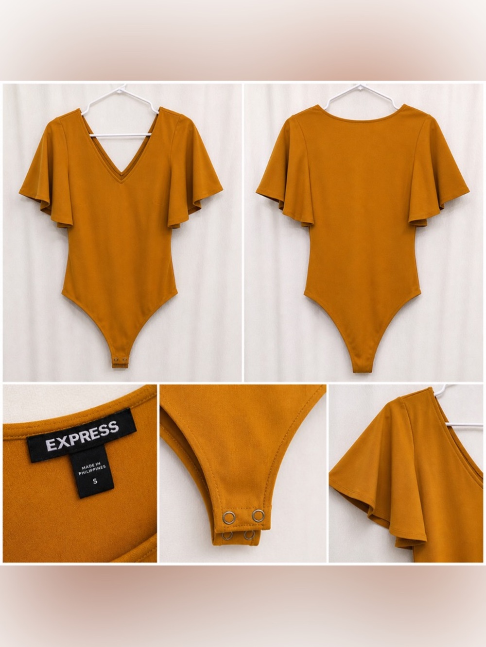 Express Mustard V-Neck Bodysuit | Flutter Sleeve Snap Closure Top Size S